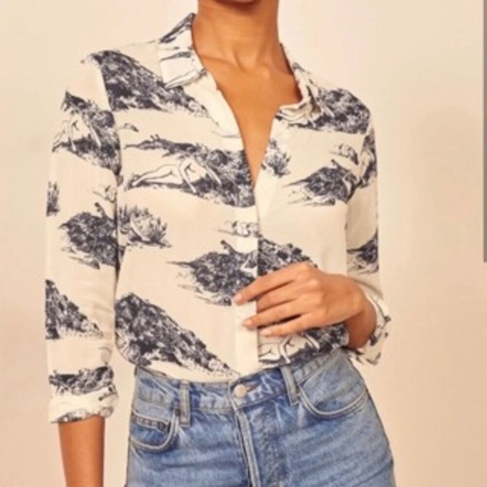 Reformation White Black Toile Print Button Down Blouse Size S